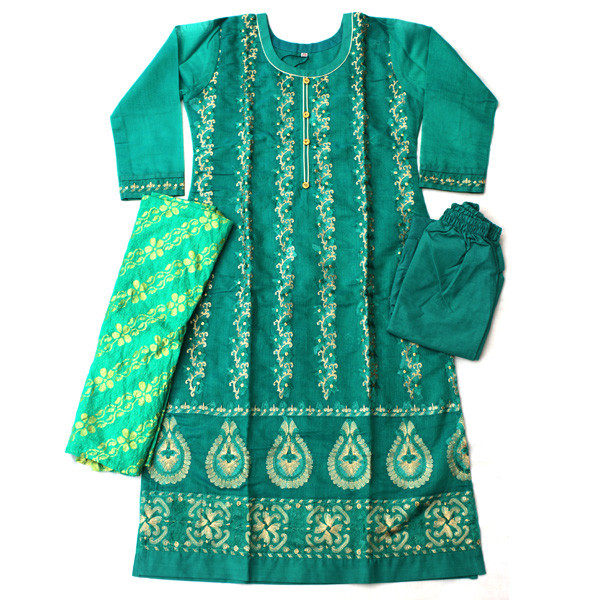 Digital Print Embroidery Stitched Cotton Three Piece